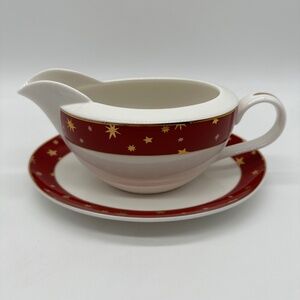 Galaxy by Sakura Red Porcelain Gravy Boat & Underplate 14k Gold Star Accents